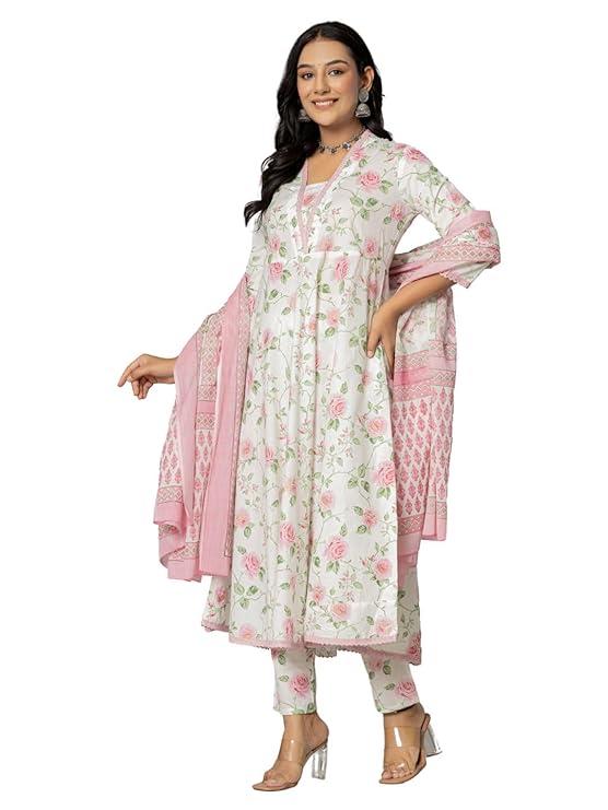 Amayra Women's Cotton Printed Anarkali Kurta with Palazzo Pants and Dupatta - Image 2