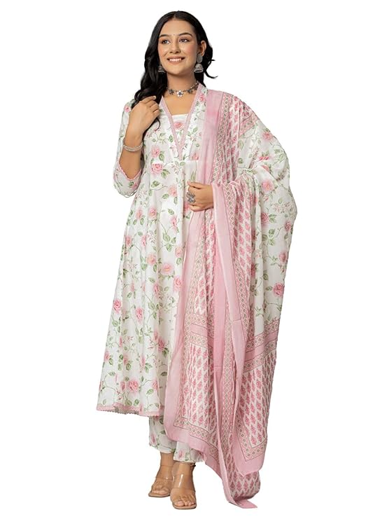 Amayra Women's Cotton Printed Anarkali Kurta with Palazzo Pants and Dupatta - Image 3